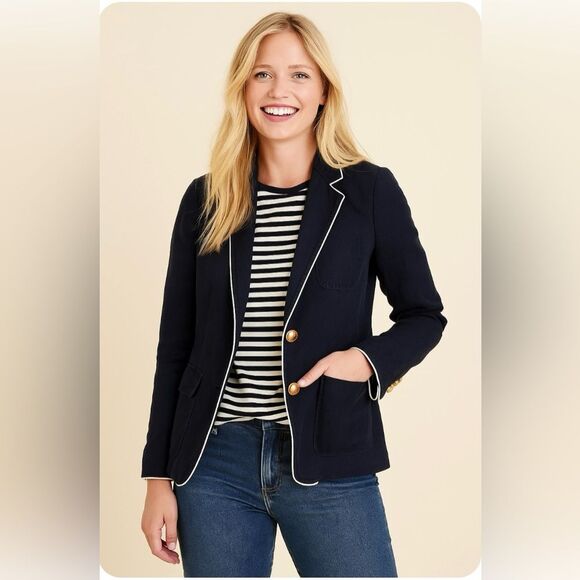 J. CREW Rhodes Navy Blue Blazer 100% Linen Nautical Crest Gold Buttons Size 6 - Picture 1 of 16